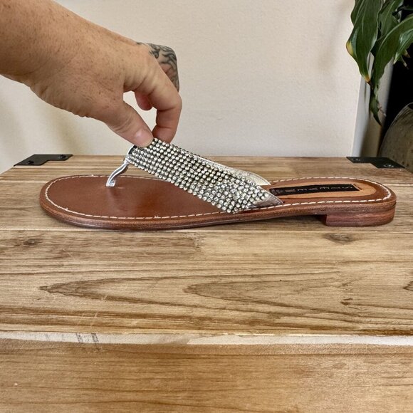 Steven ;Steve Madden Karatz Rhinestone Silver Genuine Leather Strap Thong Sandal - Picture 5 of 12